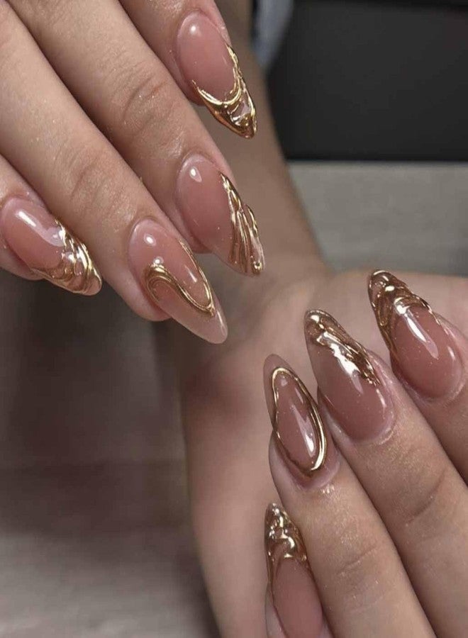 Foccna Gold Press on Nails Short Almond Fake Nails with Acrylic Nails Glossy Full Cover Stick on Nails for Women 24Pcs - Image 1